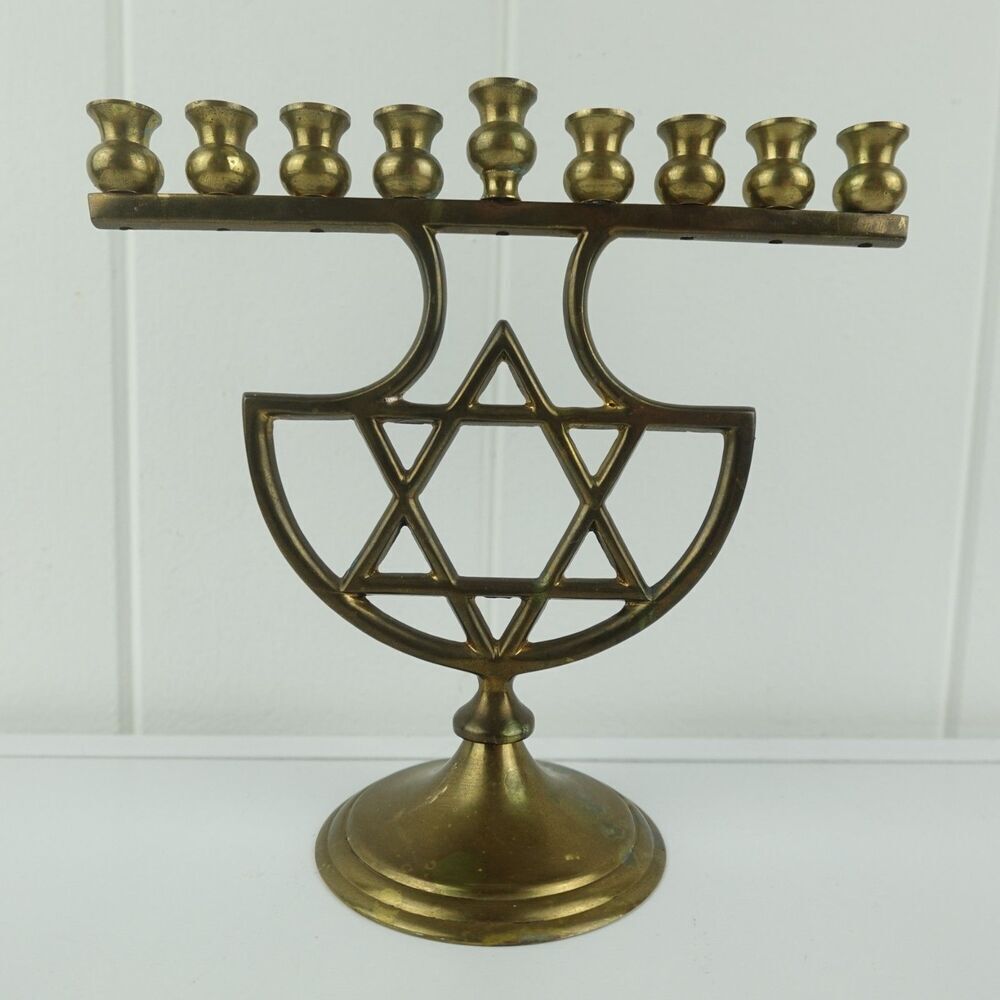 Hanukah Brass Menorah Candle Holder Featuring the Star of David Vintage